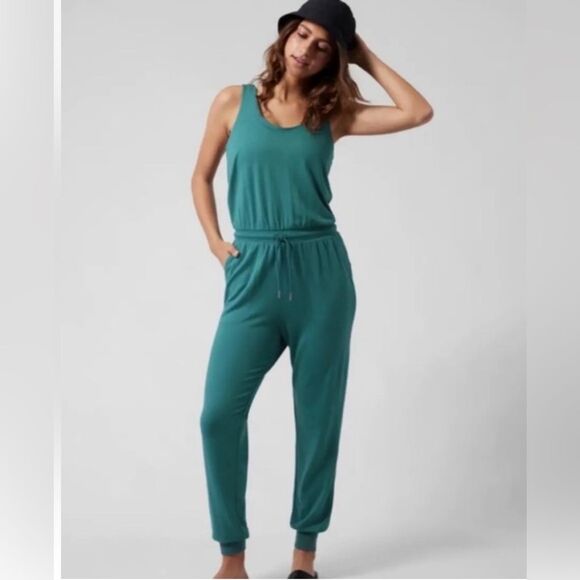 Athleta Pants - Athleta Balance Jumpsuit Borealis Green Teal Knit Jogger Comfy Size Small